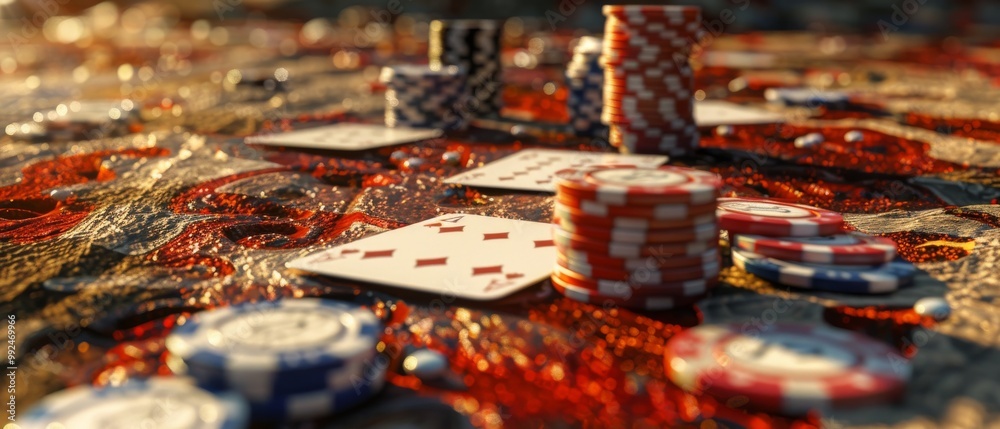 Close-up of poker chips and cards scattered on a table. Close-up of poker chips and cards scattered on a table.