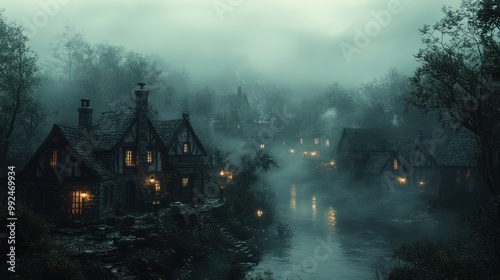 A misty village by a river, illuminated by warm lights.