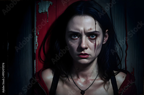 Horror movie type scene of scared woman in dark room with wounds