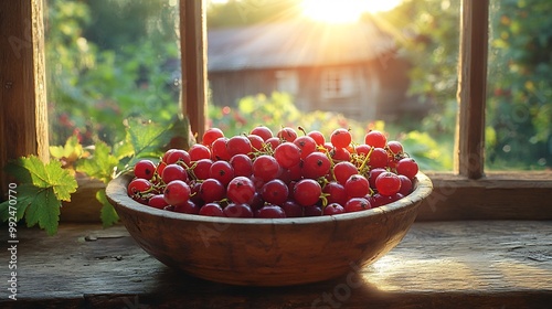 Bowl of freshly picked gooseberries sitting the edge of a sunlit windowsill with an old wooden farmhouse in the background capturing the essence of a simple rustic life Scientific name Ribes uvacrispa photo