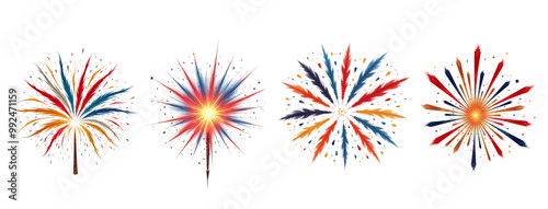 Colorful Fireworks Display with Vibrant Explosions in the Sky isolated on a white background