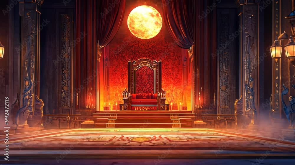 A grand throne room bathed in the warm glow of a red moon
