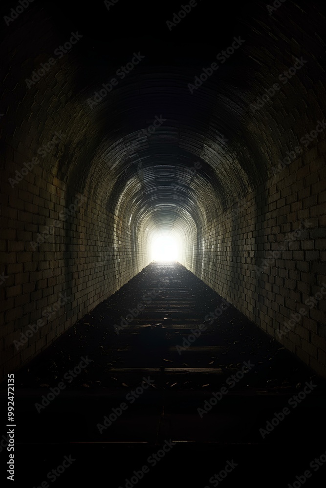 Fototapeta premium 古い煉瓦造りのトンネル。暗い道の先に出口｜An old brick tunnel. Exit at the end of a dark road.