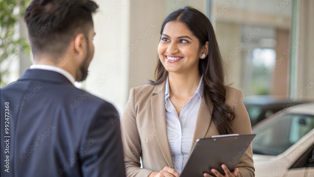 A professional Indian woman working as a car sales executive, engaging with clients.
A professional Indian woman working as a car sales executive, engaging with clients.
