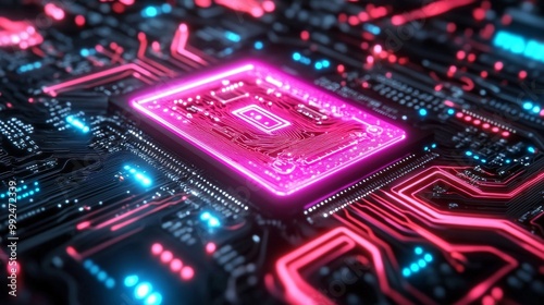 A computer motherboard microchip, detailed circuitry radiating pink light