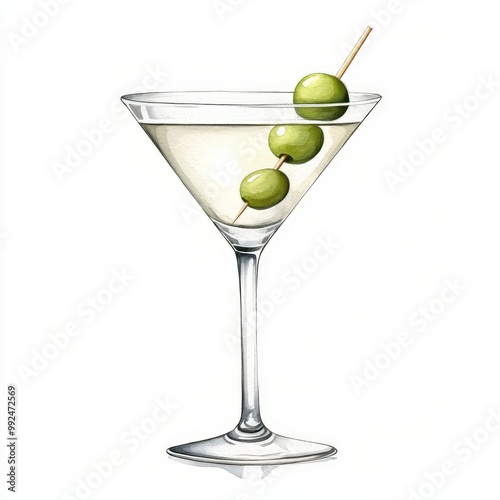 Classic martini with olive garnish, elegant glass, white background, watercolor style