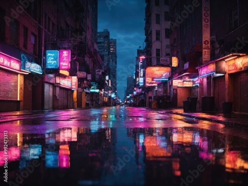 Multicolored neon lights on a dark city street reflection of neon light on wet road