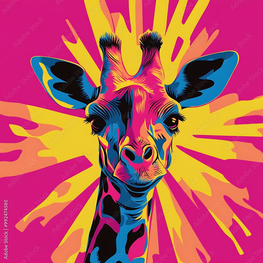 A colorful and vibrant illustration of a giraffe with a pop art style background. A colorful and vibrant illustration of a giraffe with a pop art style background.