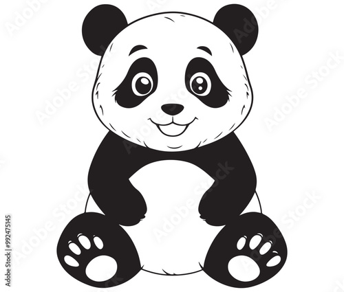 Panda bear with bamboo, Silhouette panda vector, Smile sitting panda