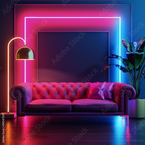 Modern living room with pink velvet sofa and neon lights.