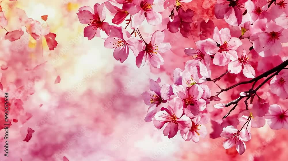Pink cherry blossoms are in full bloom against a soft pink and white watercolor background Pink cherry blossoms are in full bloom against a soft pink and white watercolor background