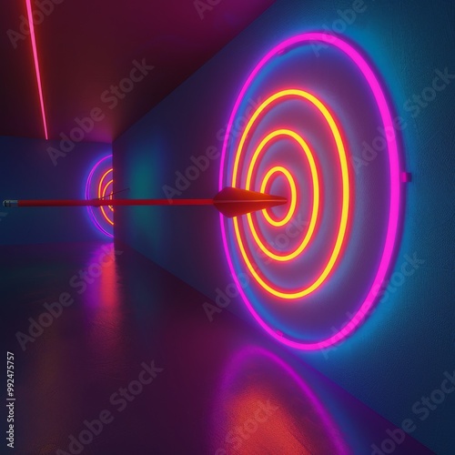 Neon arrow striking the center of a glowing target in a dark, futuristic space.