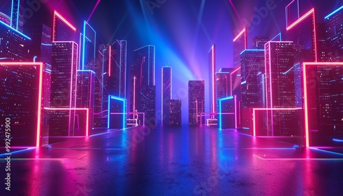 Neon city skyline with blue and pink lights. Futuristic, urban, technology.