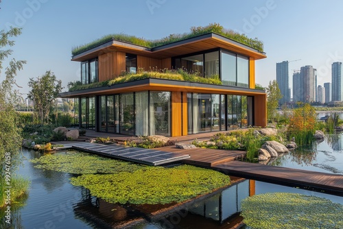 A modern, sustainable home with a green roof and a pond in front of it.