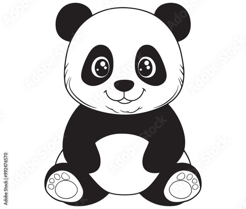 Panda bear with bamboo, Silhouette panda vector, Smile sitting panda