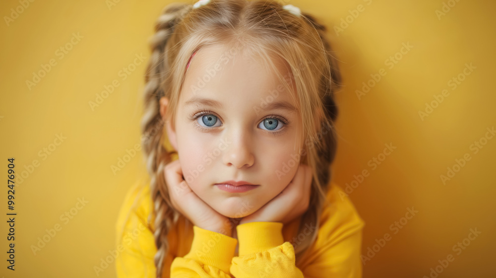 Young blonde girl with blue eyes and pigtails gazing directly at the camera against a yellow background, creating an innocent and contemplative portrait. Young blonde girl with blue eyes and pigtails gazing directly at the camera against a yellow background, creating an innocent and contemplative portrait.