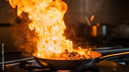 An intense culinary moment with flames bursting from a frying pan, showcasing the art of cooking with fire. photo