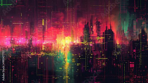 Abstract cityscape with neon lights in hues of pink, yellow, and green, set against a dark backdrop, evoking a futuristic and cyberpunk aesthetic. photo