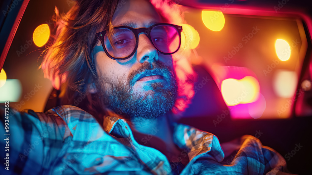 Bearded man with glasses reclines in a car at night, illuminated by colorful neon lights, creating a moody, urban atmosphere with a retro vibe. Bearded man with glasses reclines in a car at night, illuminated by colorful neon lights, creating a moody, urban atmosphere with a retro vibe.