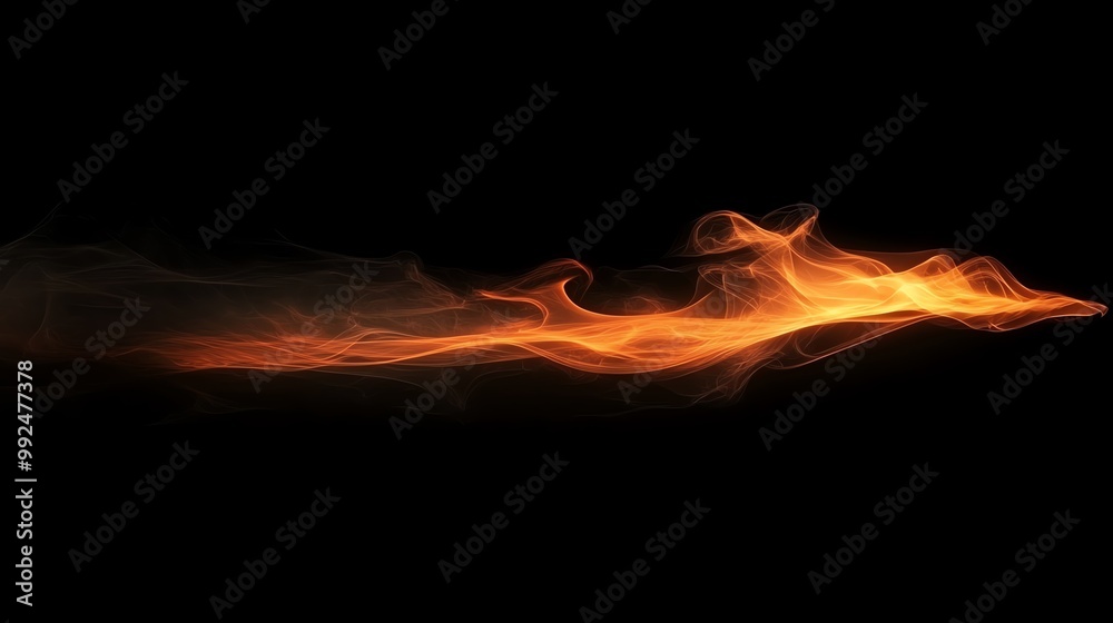 Fototapeta premium Dynamic flame effect with swirling smoke on a dark background, perfect for adding intensity to designs and visuals.