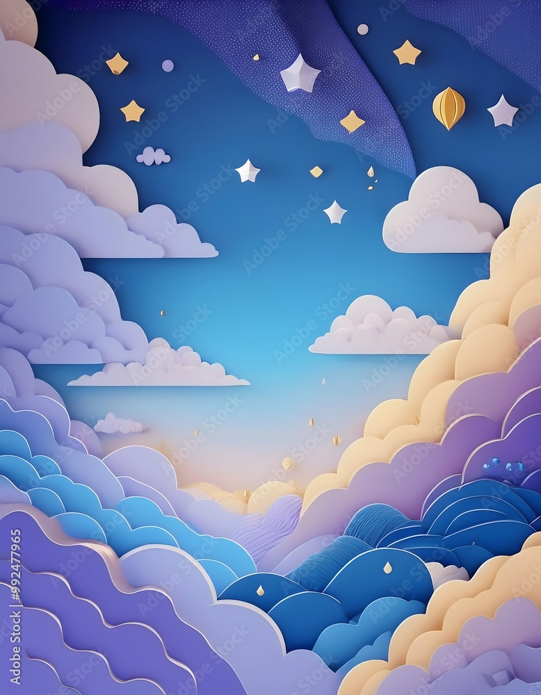 The sky background is filled with pastel fluffy clouds in a paper layer format. The sky background is filled with pastel fluffy clouds in a paper layer format.