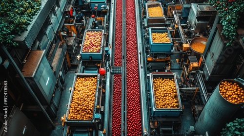 A high-angle view of a factory production line with red and yellow balls being sorted and processed.