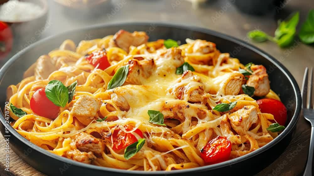 A steaming plate of chicken fettuccine pasta with melted cheese, cherry tomatoes, and basil A steaming plate of chicken fettuccine pasta with melted cheese, cherry tomatoes, and basil
