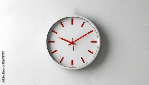 Minimalist white clock with striking red hands against a clean white wall