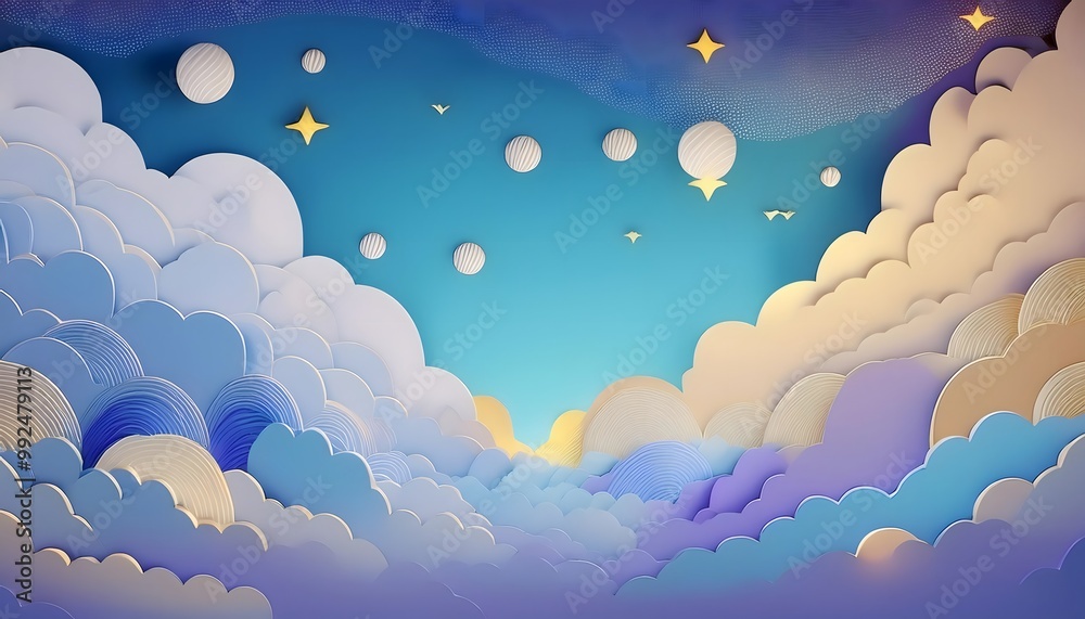 The sky background is filled with pastel fluffy clouds in a paper layer format. The sky background is filled with pastel fluffy clouds in a paper layer format.