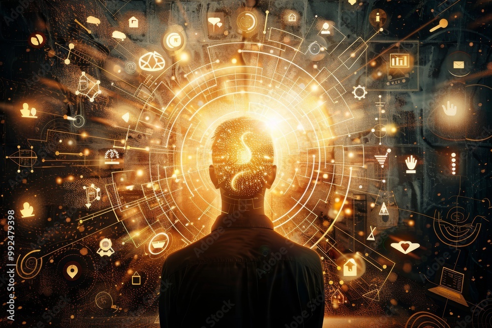 Silhouette of a person with glowing head surrounded by abstract symbols, representing knowledge, inspiration, and potential.