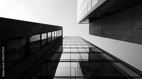 A monochrome view of modern skyscrapers, showcasing sleek glass designs and angular perspectives against a clear sky.