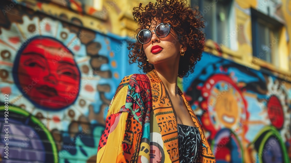 Obraz premium Stylish woman with curly hair and sunglasses standing in front of a colorful graffiti wall.
