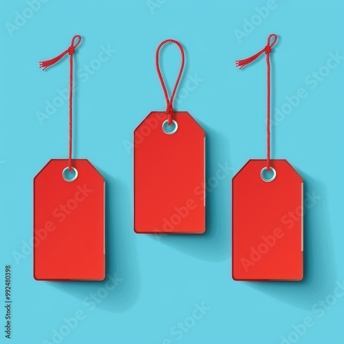Three blank red price tags with string hanging on a blue background.