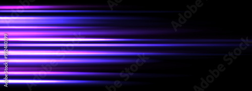 Neon glowing horizontal stripe background. Blue purple speed light effect. Magic trail flare lines texture. Luminous laser beams and rays wallpaper design. Futuristic neon streak backdrop. Vector