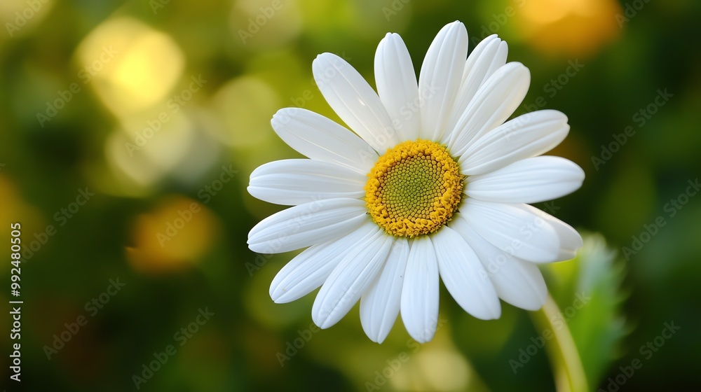 Fototapeta premium A beautiful daisy flower showcases delicate white petals and a vibrant yellow center, set against a soft green background.