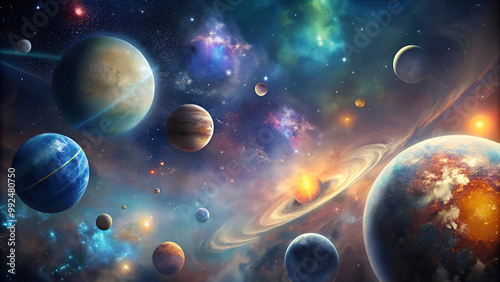 Colorful digital illustration of planets in space, cosmic background, fantasy art, celestial bodies, vibrant