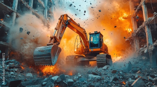 An excavator demolishes a burning building, creating a cloud of dust and debris.