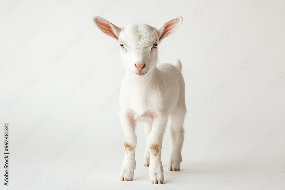 Fototapeta premium Baby Goat Standing A baby goat standing on a plain background, looking directly at the camera.