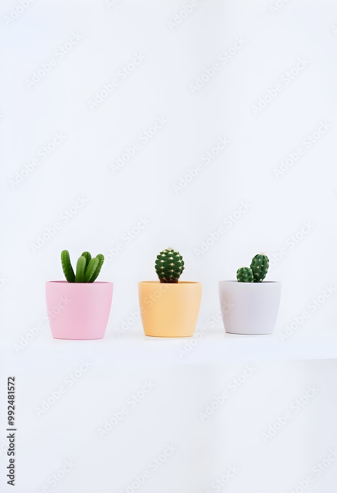 Fototapeta premium Three potted cacti arranged in colorful pots against a light background in a minimalist indoor setting. Generative AI