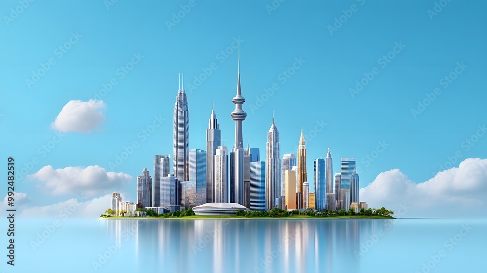 A vibrant skyline with modern skyscrapers reflecting in a calm water, showcasing urban architecture and a bright blue sky. A vibrant skyline with modern skyscrapers reflecting in a calm water, showcasing urban architecture and a bright blue sky.