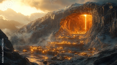 A futuristic city nestled within a mountain with a glowing orange lava flow emanating from the cave. photo