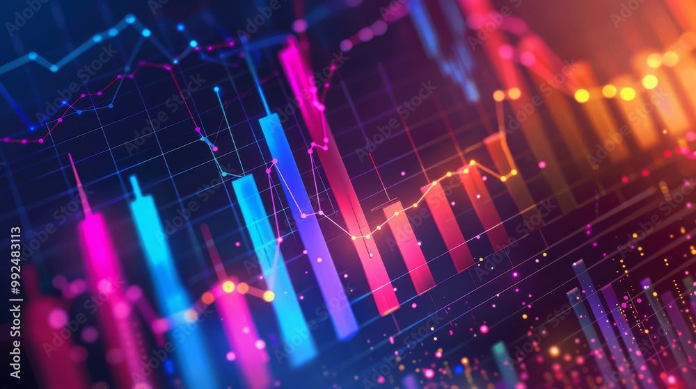 Abstract colorful bar chart and line graph with glowing dots on dark background. Abstract colorful bar chart and line graph with glowing dots on dark background.