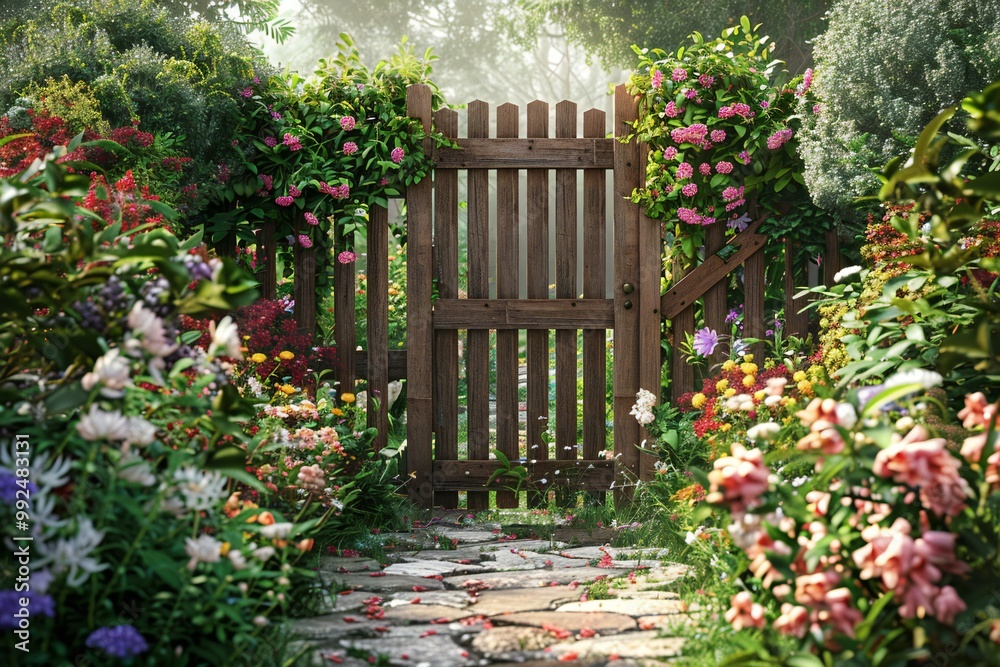 Obraz premium Serene 3D render of a rustic garden gate surrounded by blooming flowers, created by ai