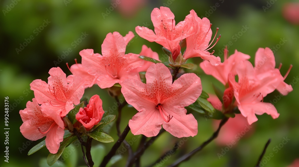 Vibrant pink azalea flowers bloom beautifully, showcasing delicate petals and lush green leaves in a serene garden setting. Vibrant pink azalea flowers bloom beautifully, showcasing delicate petals and lush green leaves in a serene garden setting.