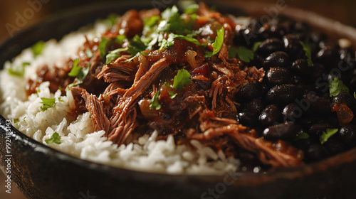 Cuban ropa vieja delicious cuban picadillo with white rice and black beans  - close up