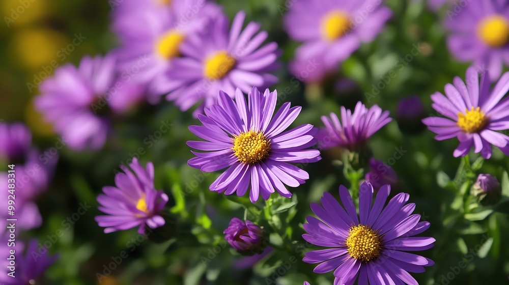 Vibrant purple flowers bloom in a garden, showcasing their beautiful petals and sunny yellow centers against lush greenery. Vibrant purple flowers bloom in a garden, showcasing their beautiful petals and sunny yellow centers against lush greenery.