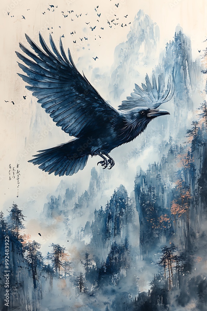 Fototapeta premium Painting raven bird in flight isolated on a mountain