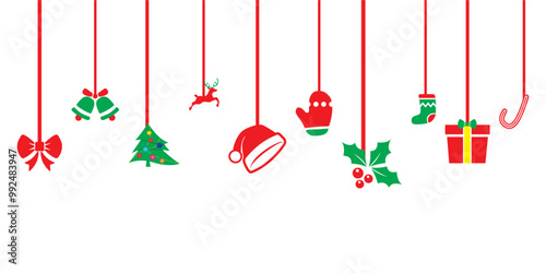 Collection Of Various Hanging Christmas Toys And Ornaments. Toys And All Ornaments Thing. Decorations For Christmas And New Year. Isolated On Transparent Background.