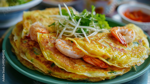 delicious vietnamese banh xeo crepes with shrimp and bean sprouts on a green plate photo