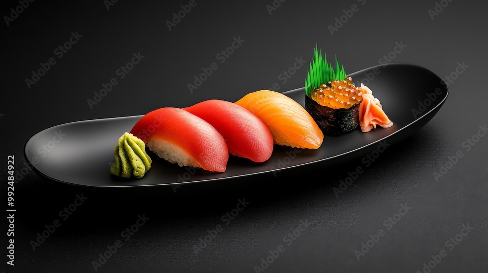 Sushi Platter Elegance: A delectable arrangement of sushi on an oblong black plate against a dark background. Sushi Platter Elegance: A delectable arrangement of sushi on an oblong black plate against a dark background.
